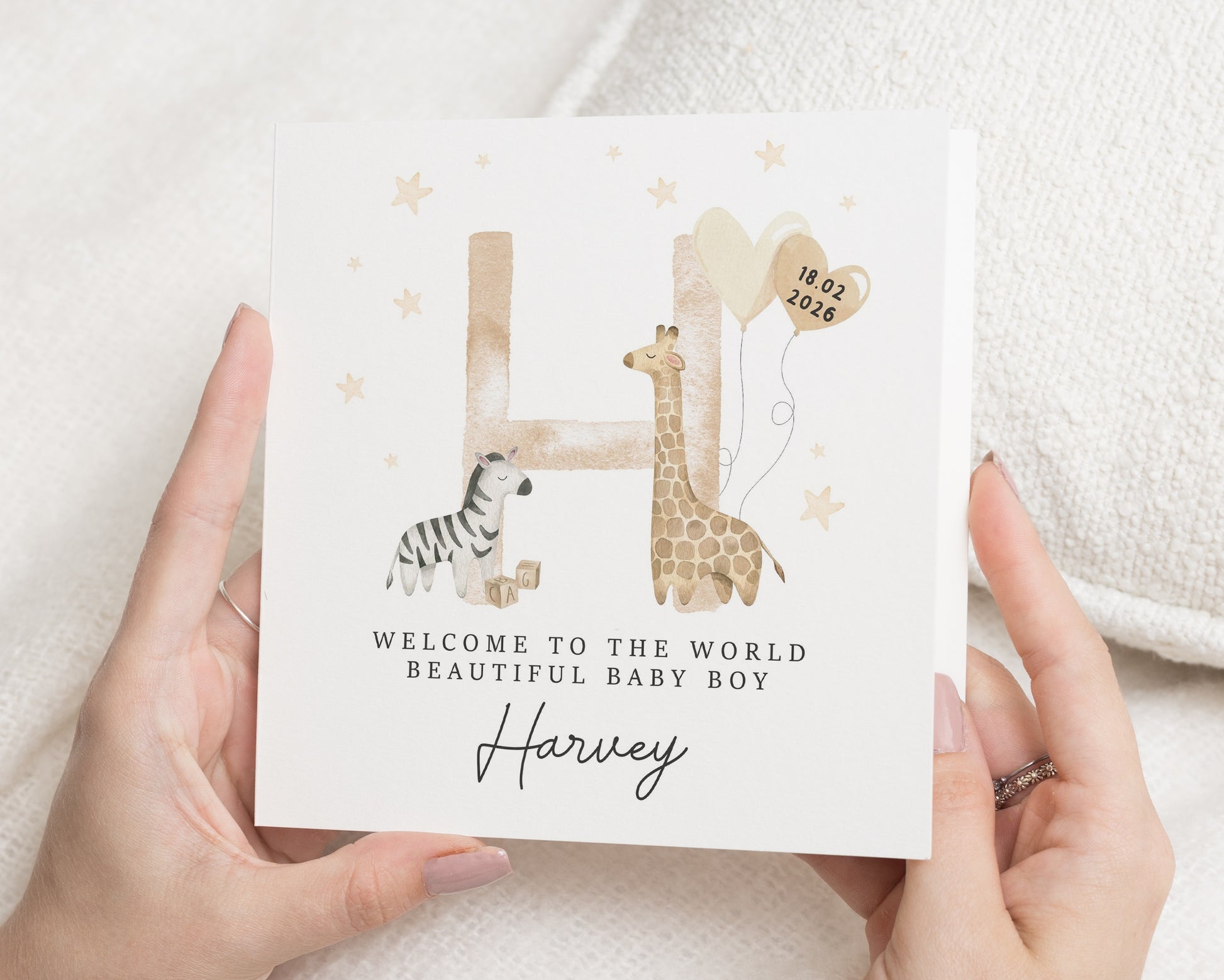New Baby Boy Card, Personalised Baby Card, Welcome to the World Card, Giraffe Card, Baby Boy Card, Custom Name Card, Safari Baby Card