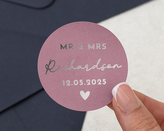 Personalised Wedding Sticker, Mr and Mrs Wedding Label, Custom Name Foil Sticker, Silver Foil Wedding Sticker, Pink Wedding Envelope Seal