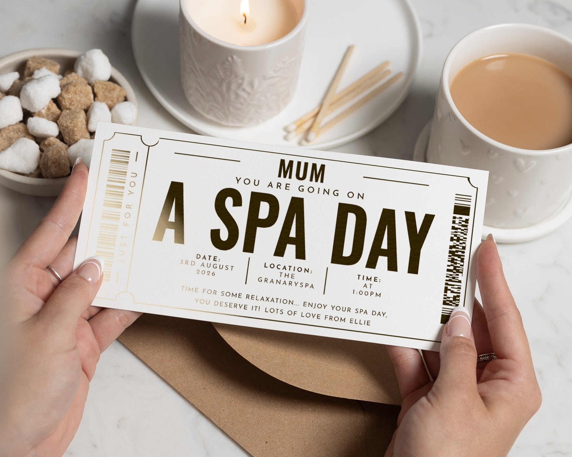 Personalised Spa Day Gift Voucher for Mum, Gold Foil Gift Ticket, Custom Spa Day Experience, Scratch to Reveal Gift