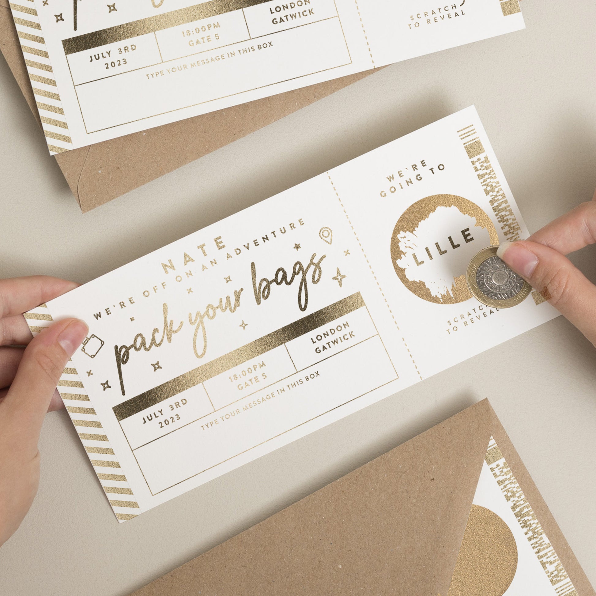 Scratch To Reveal Holiday Gift Voucher, Personalised Travel Ticket Gold Foil Voucher, Holiday Scratch Reveal Gift, Scratch Card Gold Ticket