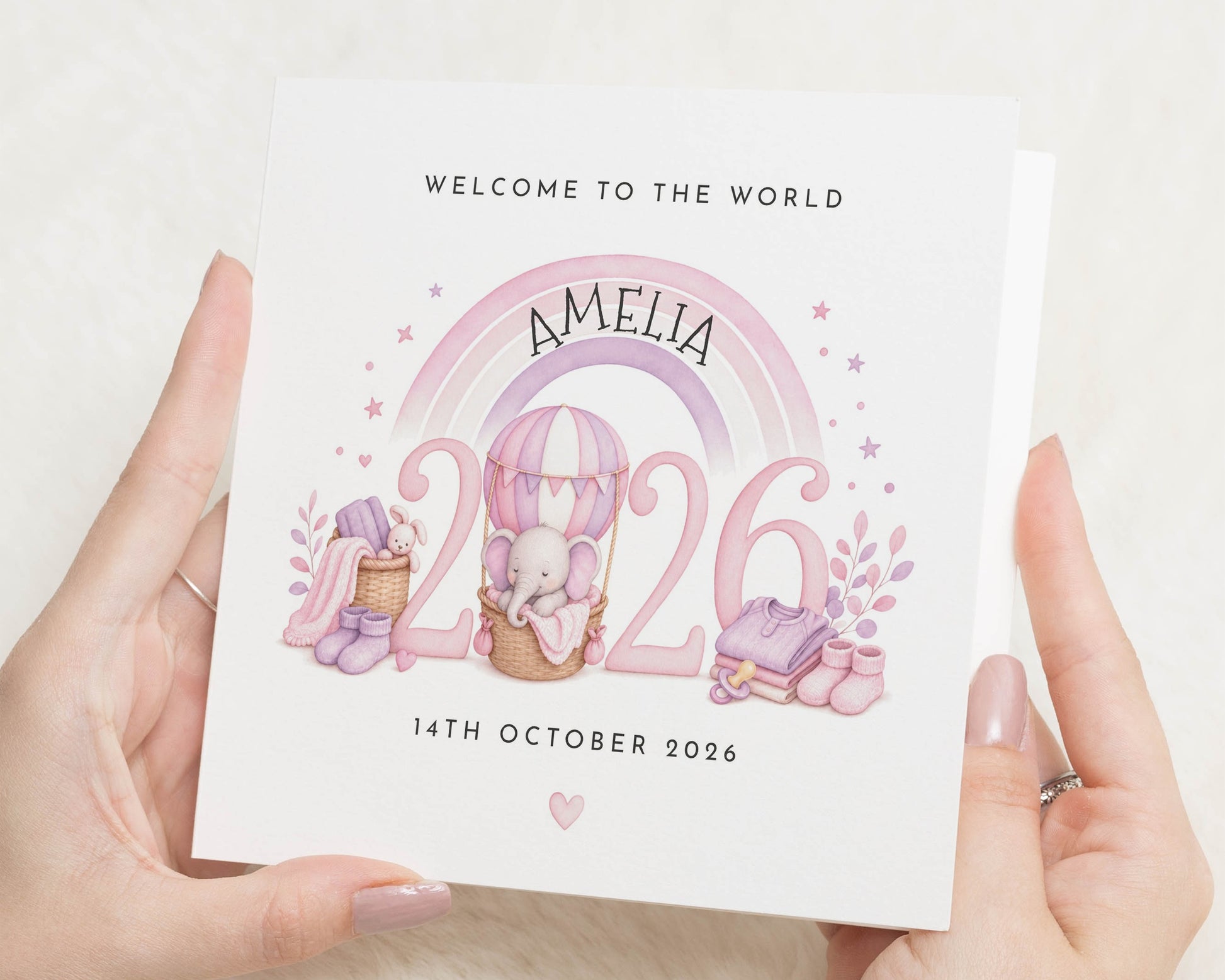 New Baby Card, Personalised New Baby Card, Baby Girl Card, Welcome to the World Card, Rainbow Elephant Card, Baby Congratulations