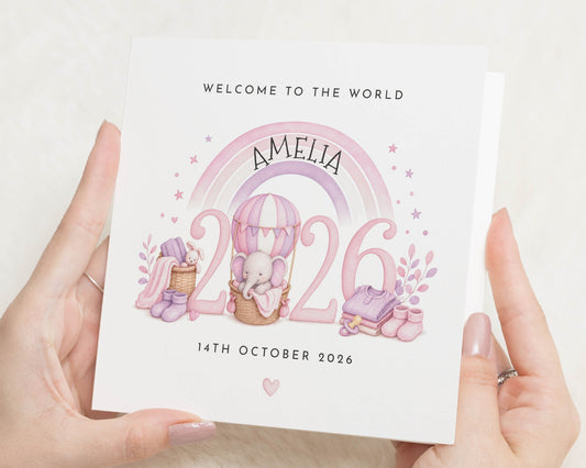 New Baby Card, Personalised New Baby Card, Baby Girl Card, Welcome to the World Card, Rainbow Elephant Card, Baby Congratulations