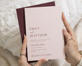 Nude Pink Wedding Invitations with Burgundy Envelopes, Minimalist Wedding Invites, Elegant Typography, Personalised Wedding Invitation
