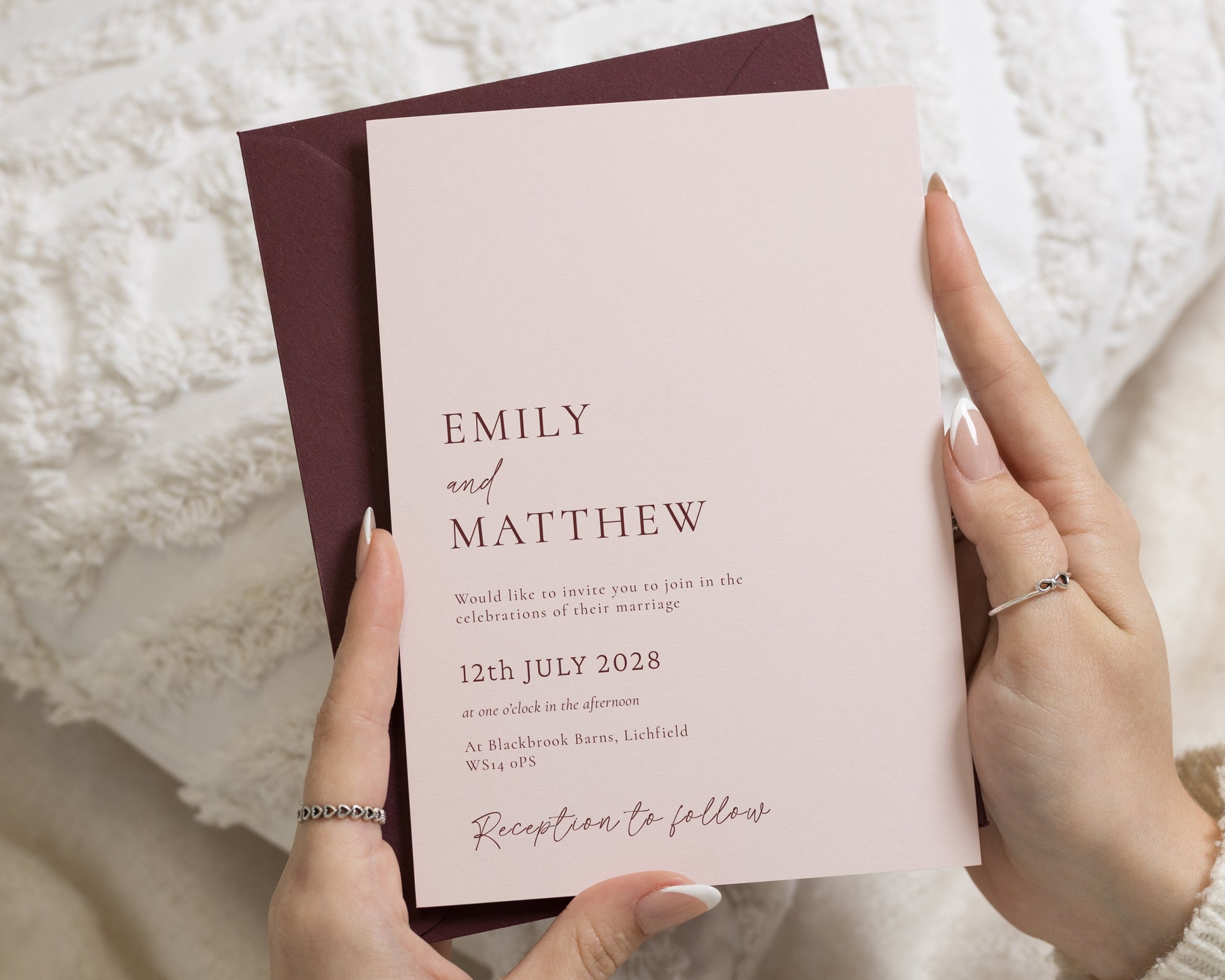 Nude Pink Wedding Invitations with Burgundy Envelopes, Minimalist Wedding Invites, Elegant Typography, Personalised Wedding Invitation