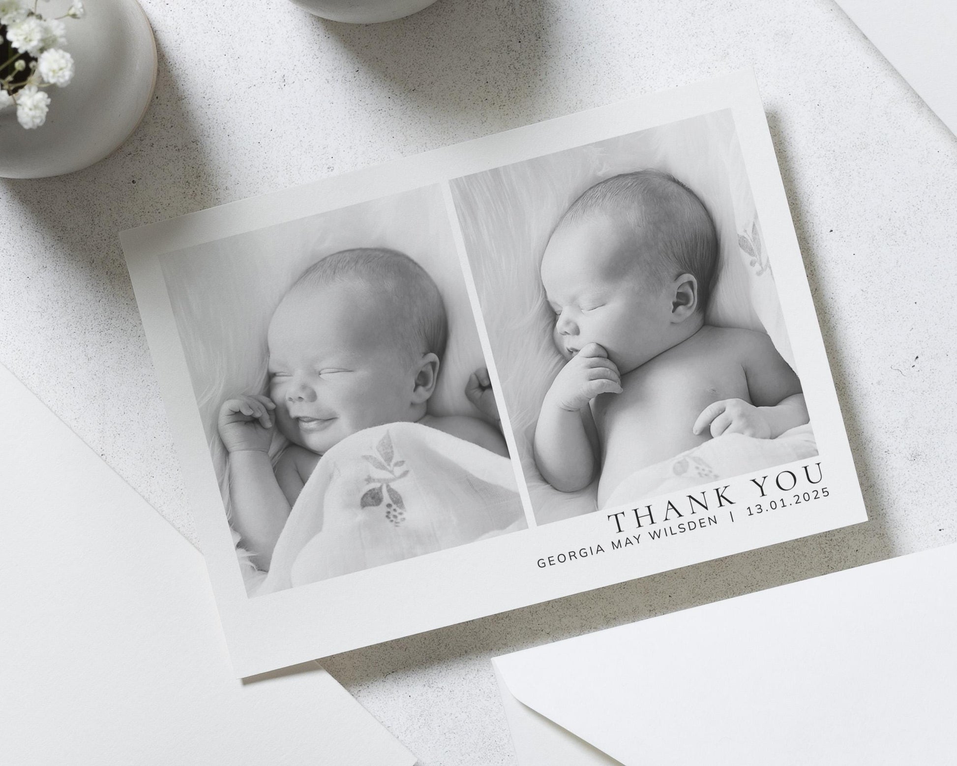 Baby Personalised Thank You Card, New Baby Photo Thankyou Cards, Black & White Photo Folded Thank You Cards, New Baby Boy Announcement Cards