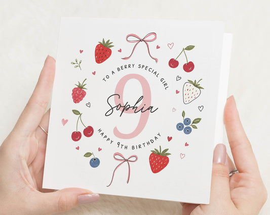 Personalised 9th Birthday Card for Girl, Birthday Card for Daughter, 9th Birthday Card, Cute Berry Birthday Card, Custom Age Card