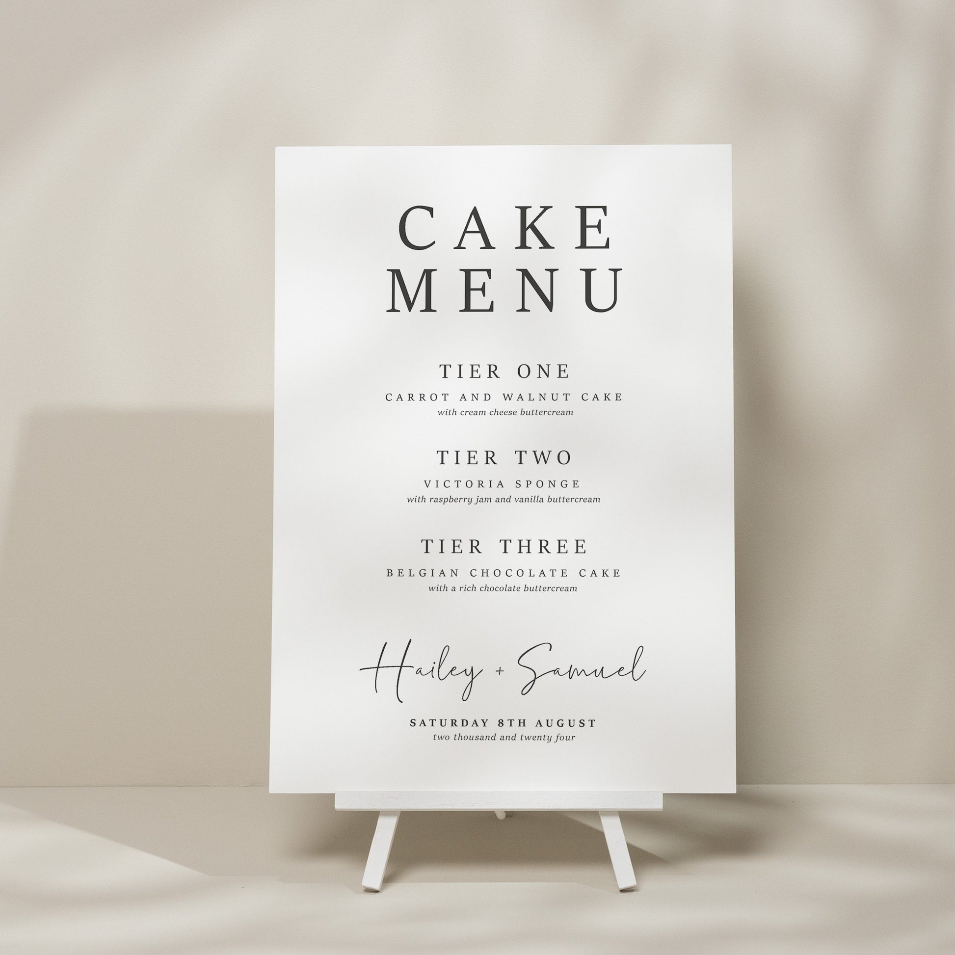 Simple Modern Wedding Cake Flavour Sign, Calligraphy Cake Menu Sign, Simple Wedding Sign, Cake Station Sign, Wedding Stationery &#39;Hailey&#39;