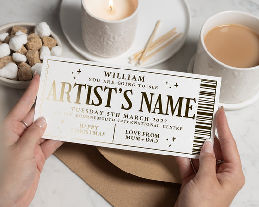 Personalised Concert Ticket Gift, Scratch To Reveal, Custom Gift Voucher, Gold Foil, Gift For Him Or Her