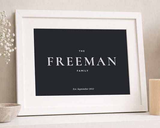 Personalised Family Name Print, Black Wall Art, Family Established Date Print, New Home Gift, House Warming Gift, White Framed Print