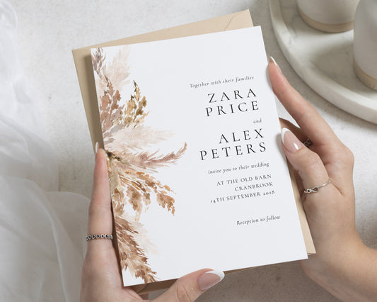 Pampas Wedding Invitations, Rustic Boho Wedding Invite, Neutral Watercolour Floral Wedding Stationery, Personalised Invitation Suite