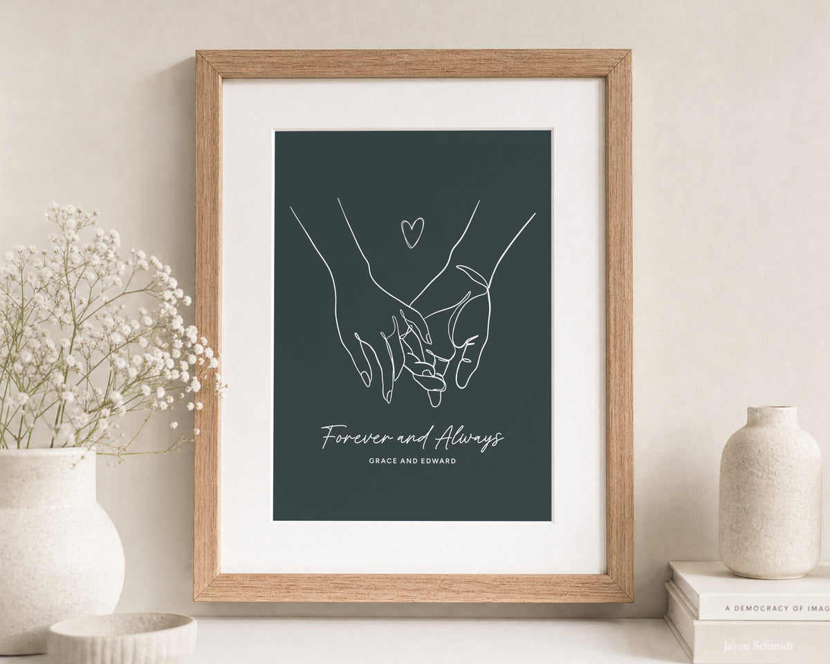 Personalised Couple Line Art Print, Teal Wall Art, Anniversary Gift, Wedding Gift, Romantic Bedroom Wall Art, Oak Framed Print
