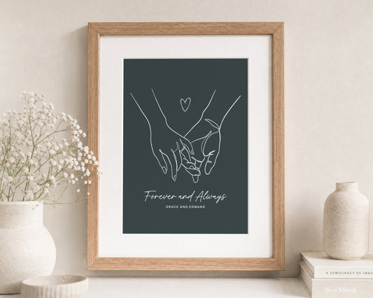 Personalised Couple Line Art Print, Teal Wall Art, Anniversary Gift, Wedding Gift, Romantic Bedroom Wall Art, Oak Framed Print