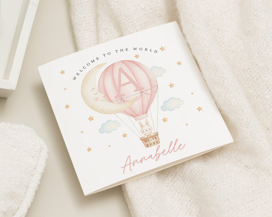 New Baby Card, Personalised Baby Card, Welcome To The World Card, Baby Girl Card, Custom Name Card, Cute Bunny Card, Baby Shower Card