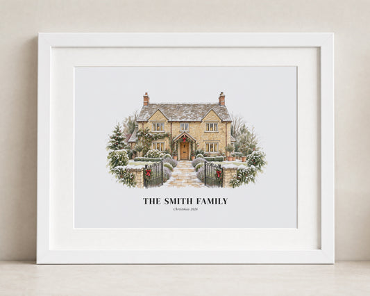 Personalised Christmas House Print, Family Name Wall Art, New Home Gift, House Warming Gift, White Framed Print With Mount