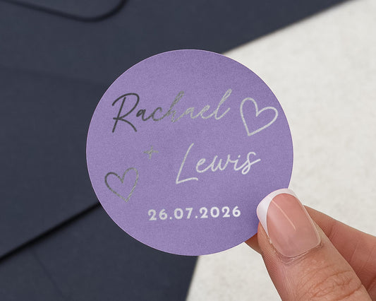 Personalised Wedding Sticker, Silver Foil Name Sticker, Custom Wedding Label, Purple Engagement Sticker
