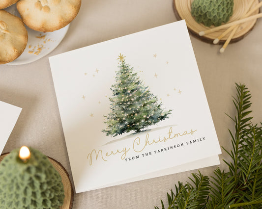 Personalised Christmas Cards, Pack of Christmas Cards, Watercolour Tree, Square, Pack of 10, 20, 50 or 100, Family Christmas Cards