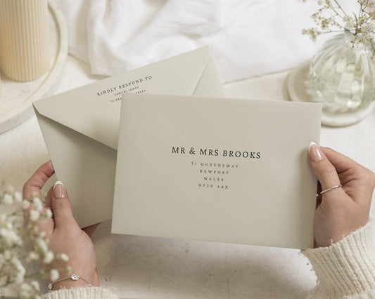 Light Sage Cream Envelopes with Guest or Return Address Printing, C6, 5x7 or C5 Sage Green Wedding Invitation Envelopes