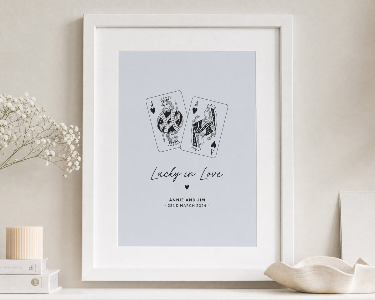 Personalised Lucky in Love Print, Light Blue Wall Art, Couple Playing Card Print, Wedding Gift, Anniversary Gift, White Frame