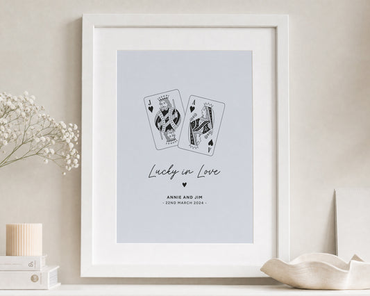 Personalised Lucky in Love Print, Light Blue Wall Art, Couple Playing Card Print, Wedding Gift, Anniversary Gift, White Frame