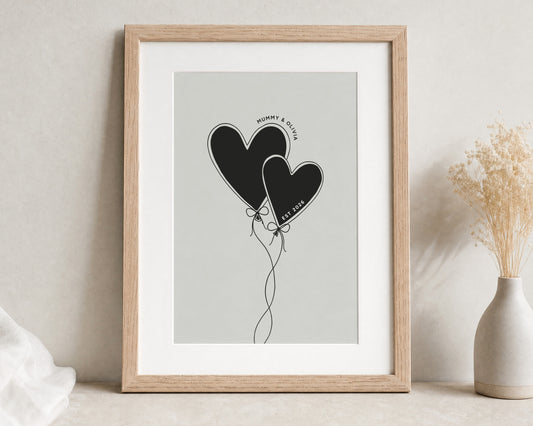 Personalised Mum Print, Grey Wall Art, Mother and Child Heart Balloon Art, Gift for Mum, Mother's Day Gift, Oak Framed Print