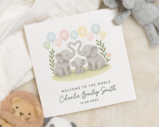 New Baby Card, Personalised Elephant Card, Baby Congratulations Card, Welcome To The World Card, Cute Animal Card, Baby Boy Girl Card