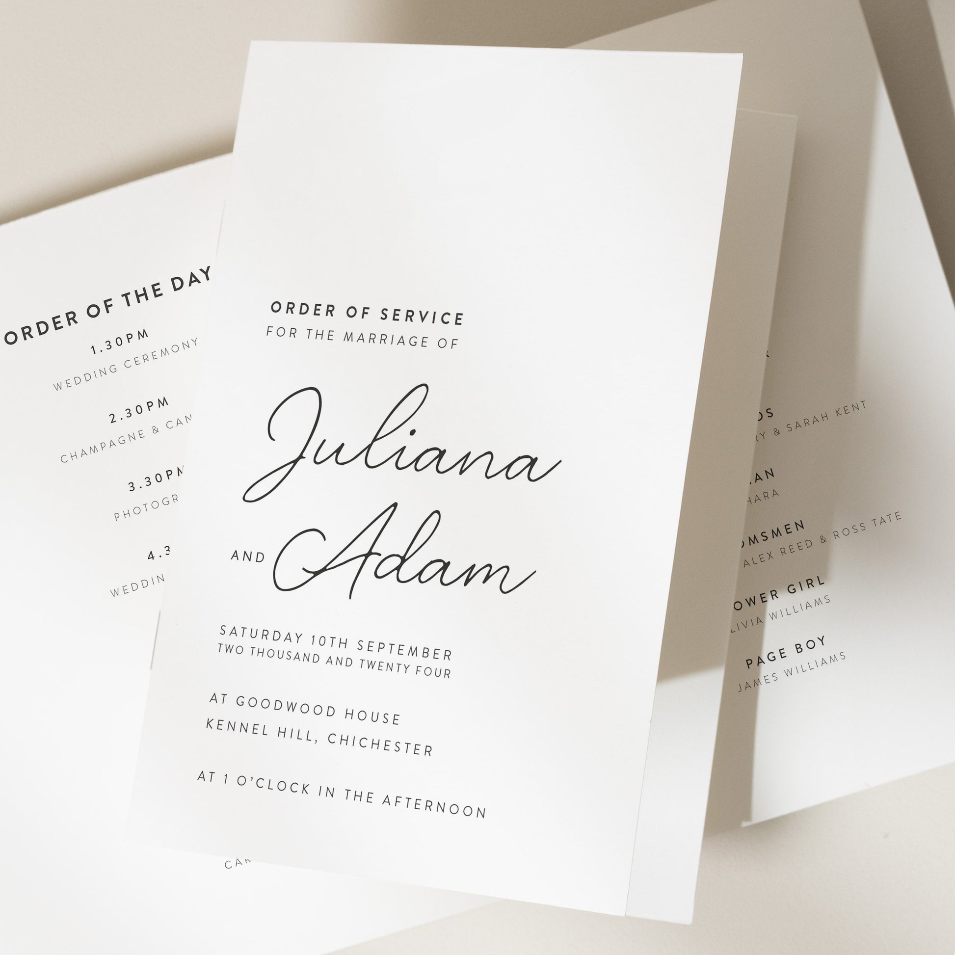 Calligraphy Order Of Service Booklet, Minimalist Order Of The Day Programme, Simple Wedding Service Booklet For Guests &#39;Juliana&#39;