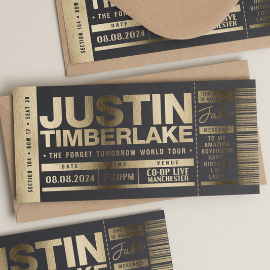 Personalised Gold Foil Gift Voucher, Justin Timberlake Gig Ticket Gift Voucher, Foiled Concert Reveal, Justin Timberlake Surprise Gig Ticket