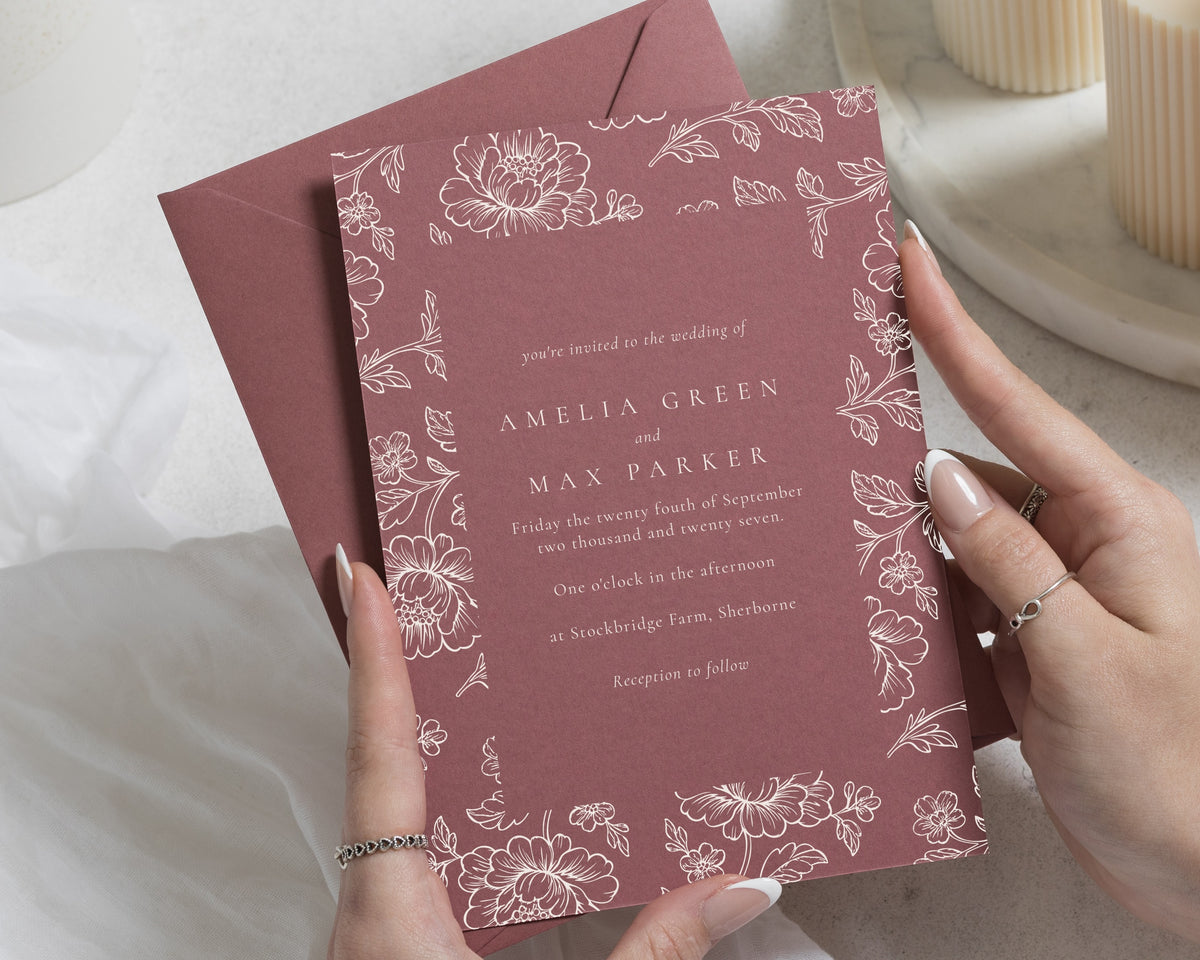 Dusty Pink Floral Wedding Invitations, Romantic Botanical Wedding Invites, Personalised Terracotta Pink Invitation Suite