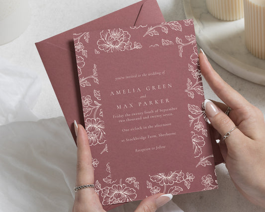 Dusty Pink Floral Wedding Invitations, Romantic Botanical Wedding Invites, Personalised Terracotta Pink Invitation Suite