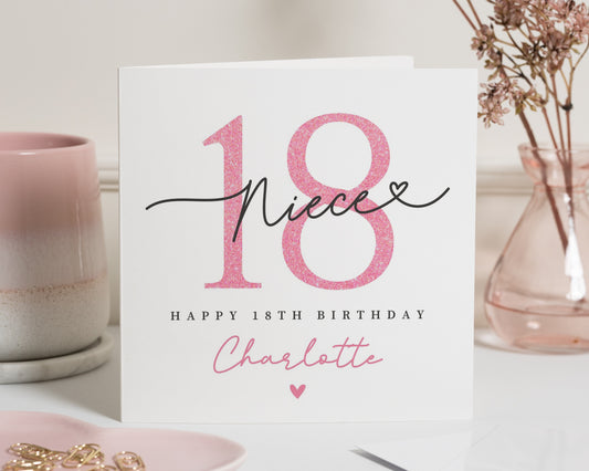 18th Birthday Card for Niece, Personalised Birthday Card, Custom 18th Birthday, Birthday Card for Her, Pink Glitter Effect Card