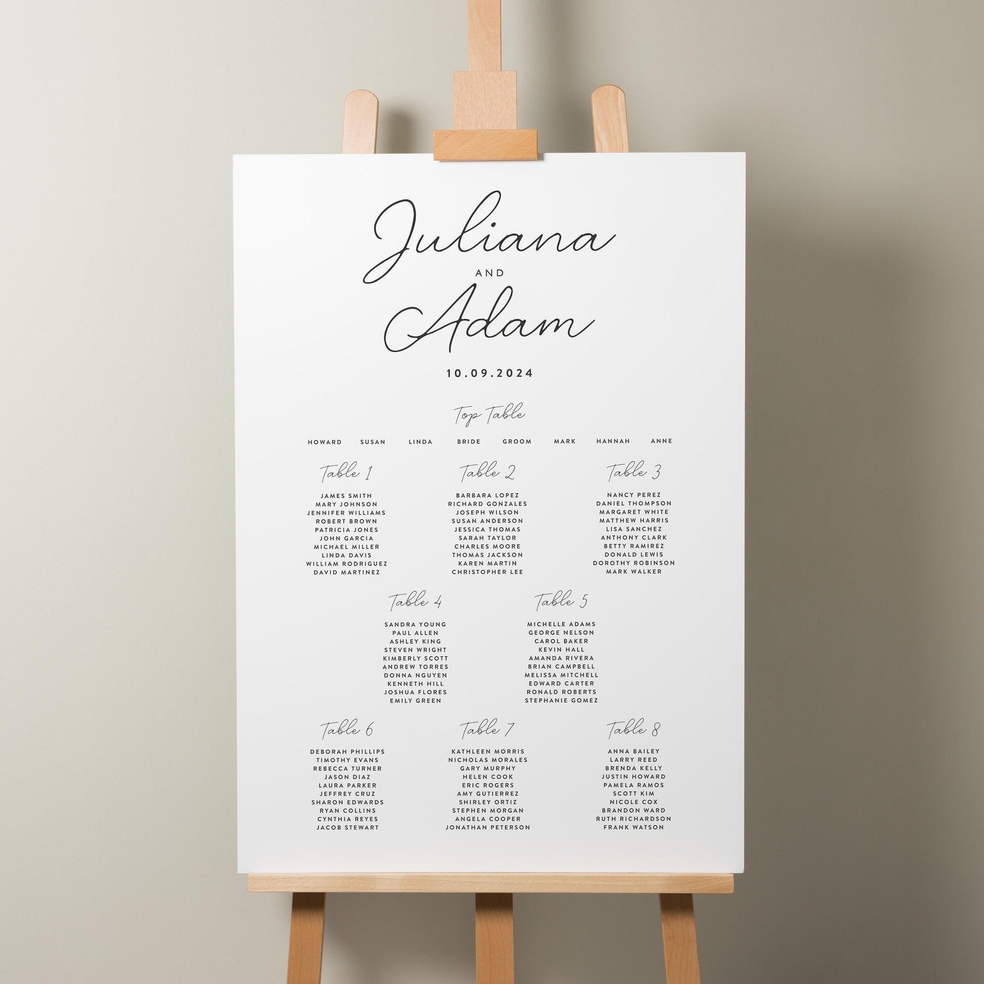 Modern Wedding Table Plan, Personalised Simple Seating Plan, Find Your Seat Sign, Minimalist Dinner Table Plan, Calligraphy Sign &#39;Juliana&#39;