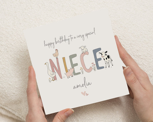Birthday Card for Niece, Personalised Niece Birthday Card, Farm Animal Birthday Card, Cute Birthday Card for Girl, Kids Birthday Card