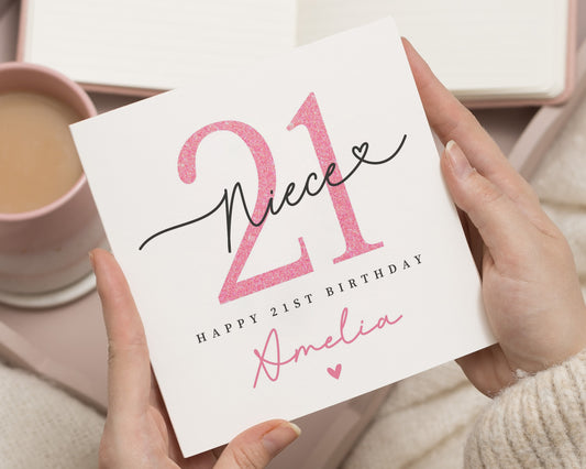21st Birthday Card for Niece, Personalised Niece Birthday Card, Pink Birthday Card for Her