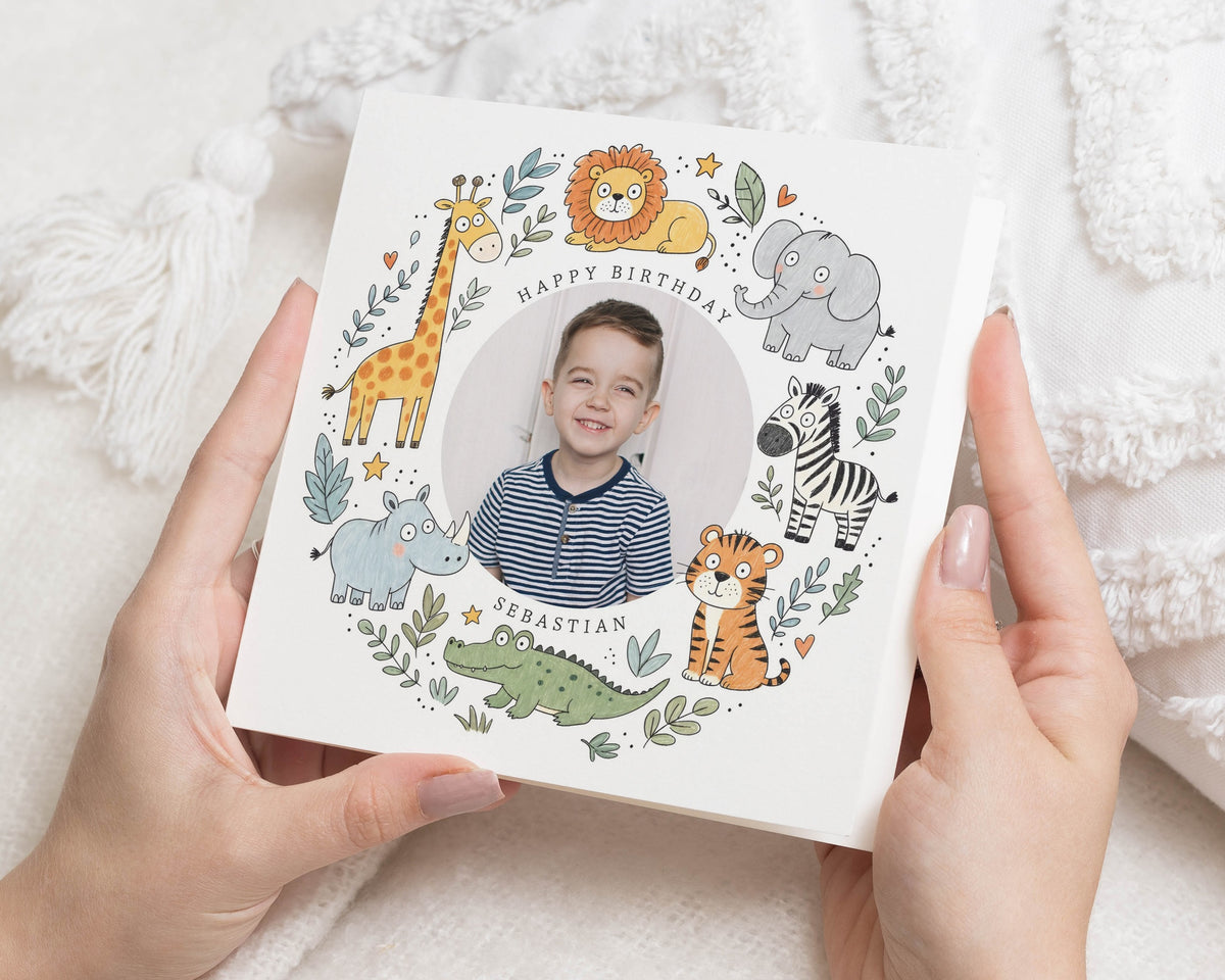 Personalised Birthday Card, Photo Birthday Card for Boy, Safari Birthday Card, Jungle Animal Birthday Card, Kids Birthday Card
