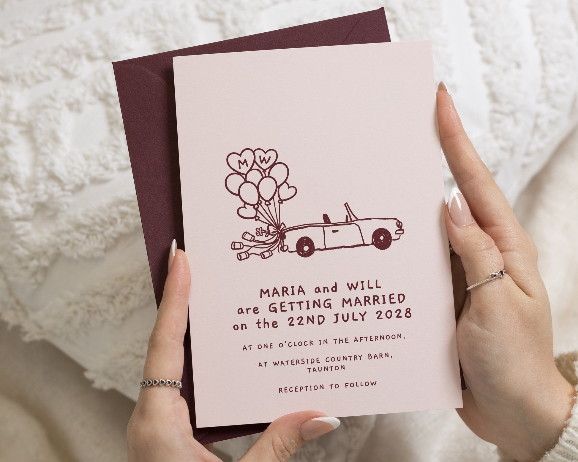 Nude Pink Wedding Invitations with Burgundy Envelopes, Fun Car and Balloon Wedding Invites, Personalised Wedding Invitation Suite