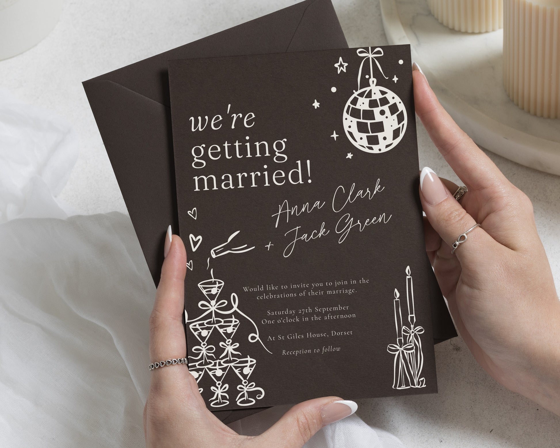 Chocolate Brown Wedding Invitations, Party Wedding Invites, Modern Celebration Wedding Stationery, Personalised Invitation Suite