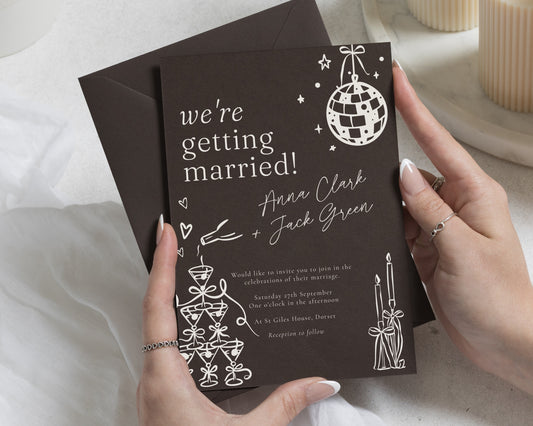 Chocolate Brown Wedding Invitations, Party Wedding Invites, Modern Celebration Wedding Stationery, Personalised Invitation Suite