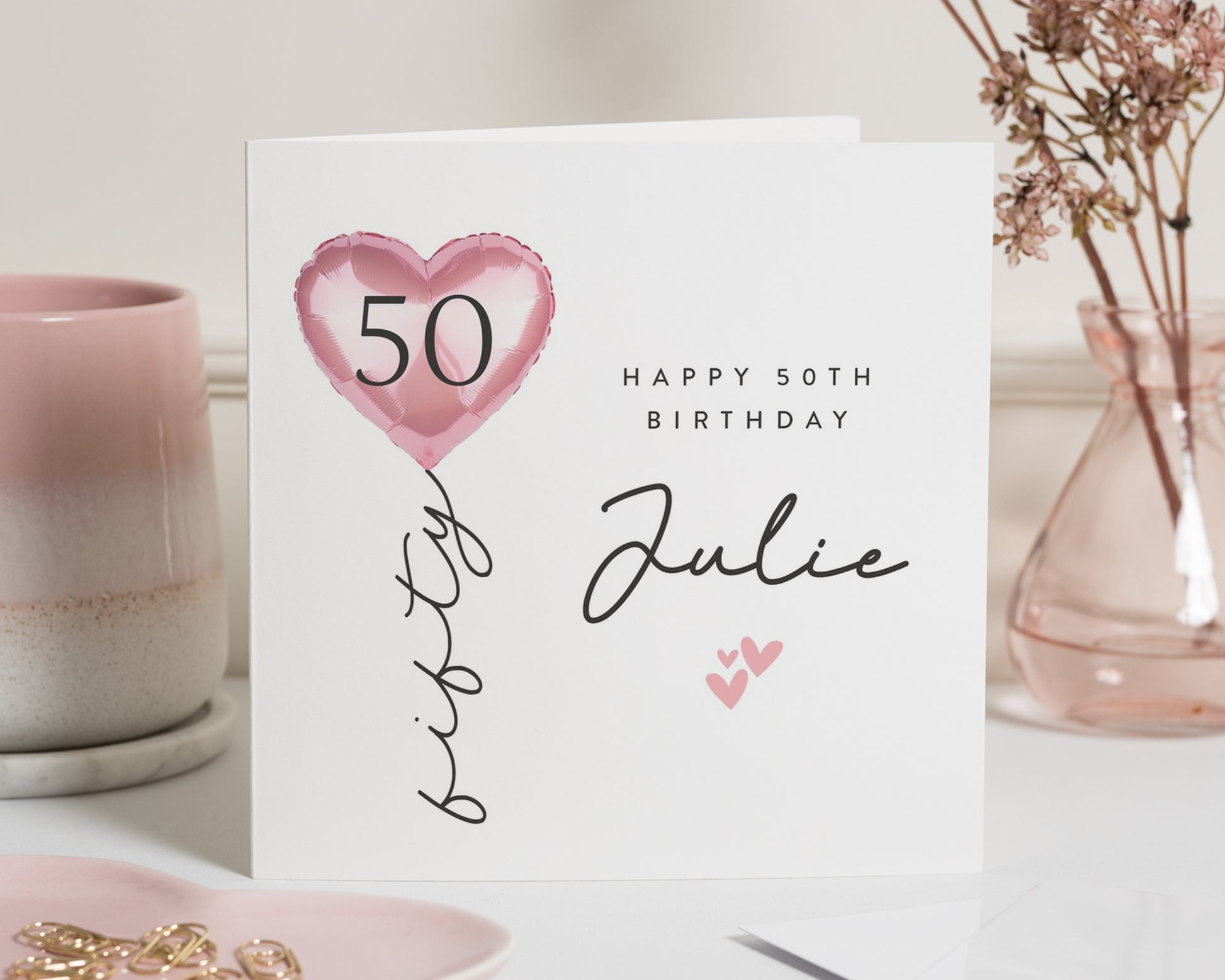 50th Birthday Card for Her, Personalised Birthday Card, Birthday Card for Women, Pink Balloon Birthday Card, 50th Birthday Card