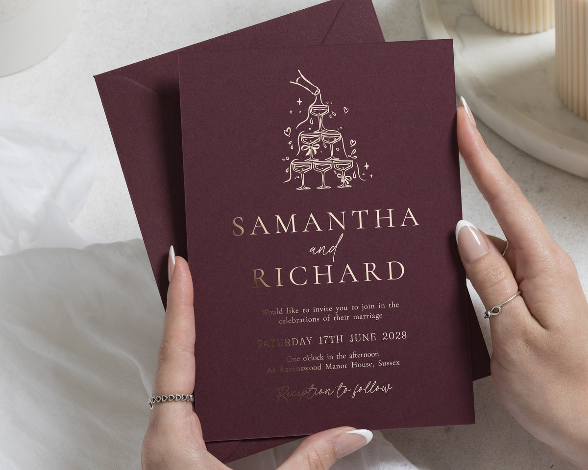 Gold Foil Wedding Invitations, Personalised Burgundy Wedding Invite, Champagne Tower Invitation, Elegant Party Wedding Stationery