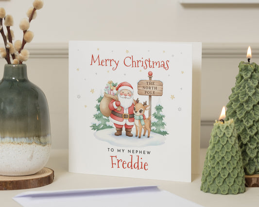 Christmas Card for Nephew, Personalised Nephew Christmas Card, Santa and Reindeer Card, Cute Christmas Card for Kids, North Pole Card
