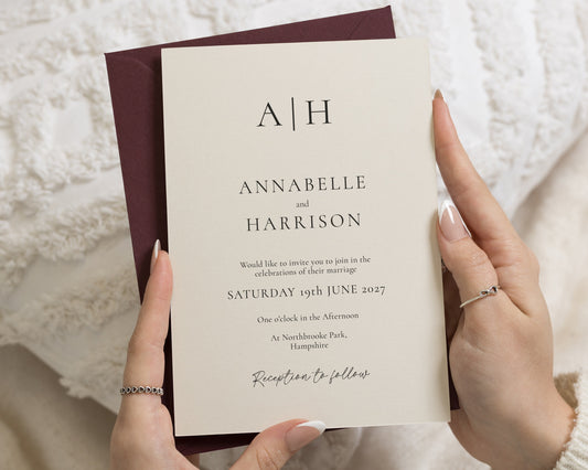Ivory Wedding Invitations with Burgundy Envelopes, Minimalist Monogram Wedding Invites, Elegant Typography, Personalised Invitations
