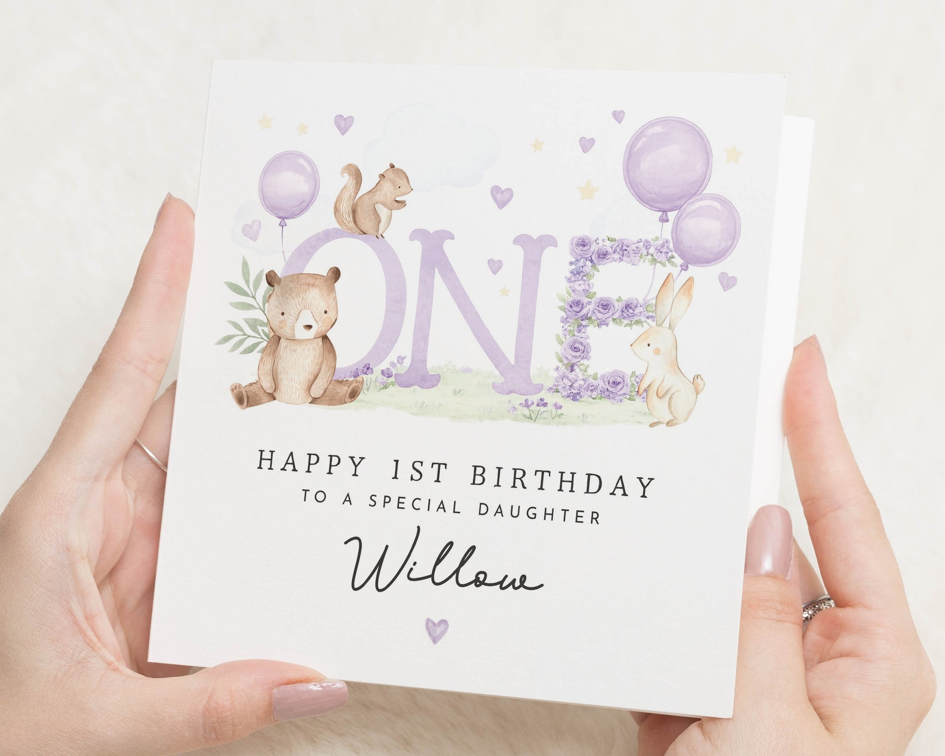 1st Birthday Card for Daughter, Personalised First Birthday Card, Animal Birthday Card, Cute Birthday Card for Girl, Woodland Birthday Card