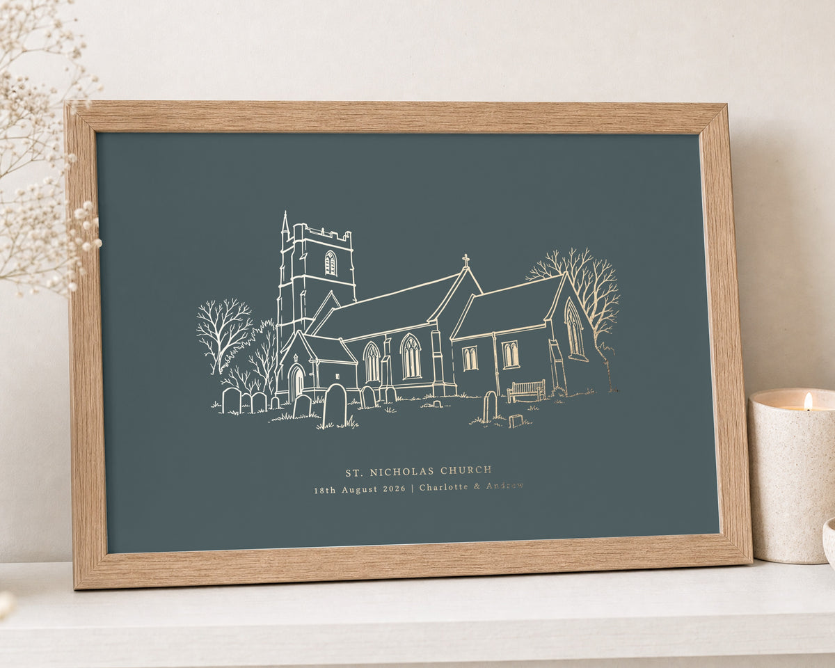 Personalised Gold Foil Wedding Venue Print, Dark Green Wall Art, Church Illustration, Wedding Gift, Anniversary Gift, Gift for Couple