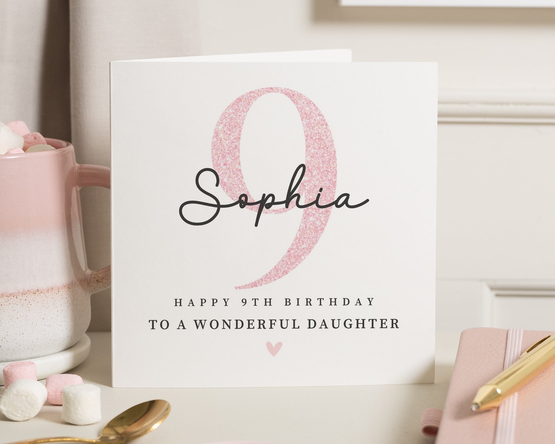 9th Birthday Card for Daughter, Personalised Birthday Card for Girl, Birthday Card for Her, Pink Birthday Card, Daughter Birthday Card