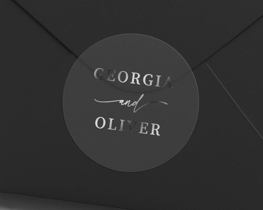 Personalised Wedding Envelope Seal, Custom Names Sticker, Wedding Sticker, Georgia and Oliver, Silver Foil, Elegant Wedding Seal