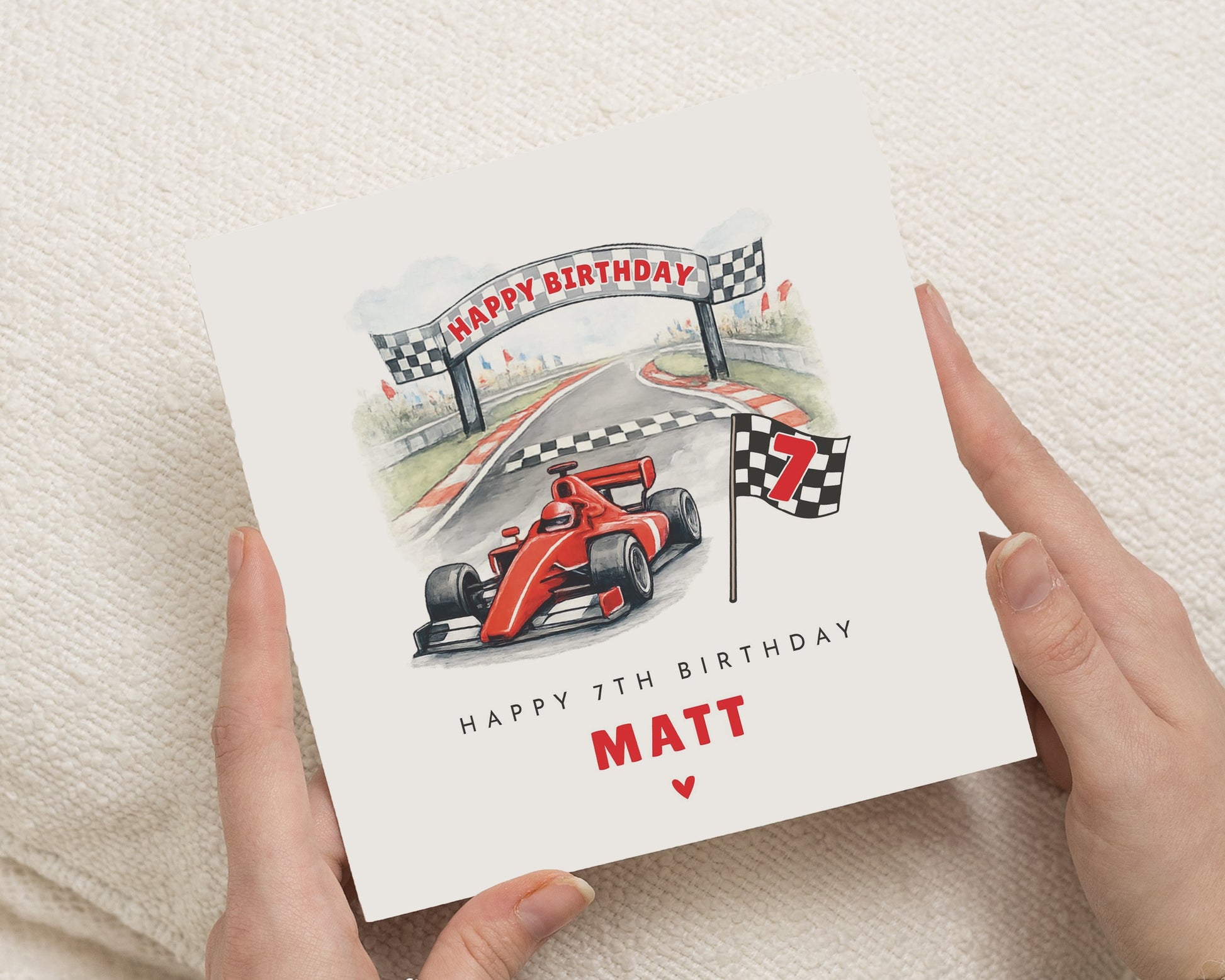 7th Birthday Card for Son, Racing Car Birthday Card for Boy, Personalised 7th Birthday Card, Grandson, Nephew, Brother, Race Car Card