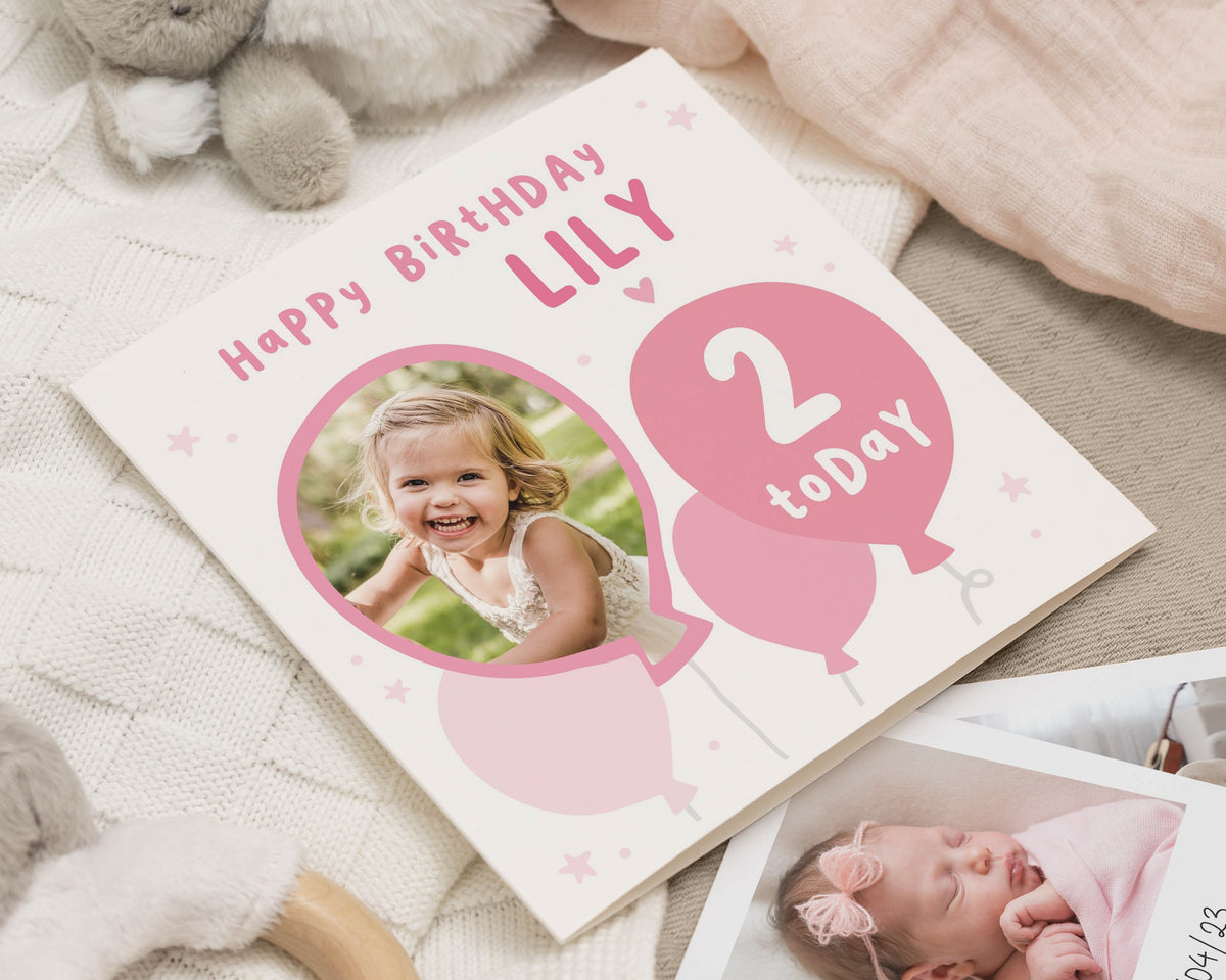 2nd Birthday Card, Personalised Photo Card, Birthday Card for Girl, Daughter Birthday Card, Granddaughter Birthday Card, Balloon Card