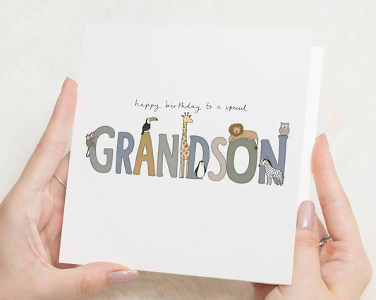 Grandson Birthday Card, Birthday Card for Grandson, Safari Animal Birthday Card, Cute Zoo Birthday Card for Boy