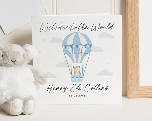 New Baby Card, Personalised Baby Card, Welcome To The World Card, Baby Boy Card, Hot Air Balloon Card, Custom Name Card