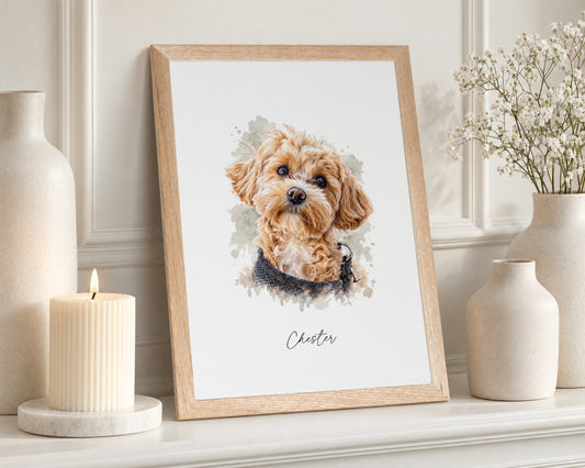Personalised Pet Portrait, Custom Dog Print From Photo, Watercolour Pet Wall Art, Gift for Dog Lover, Oak Framed Print